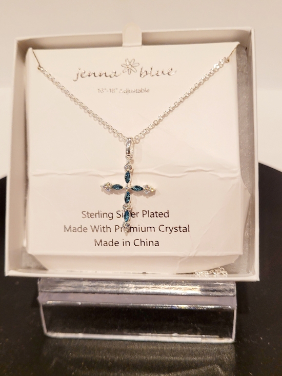 Jenna Blue Jewelry - Jenna Blue Sterling Silver-Plated Blue Crystal Cross Necklace